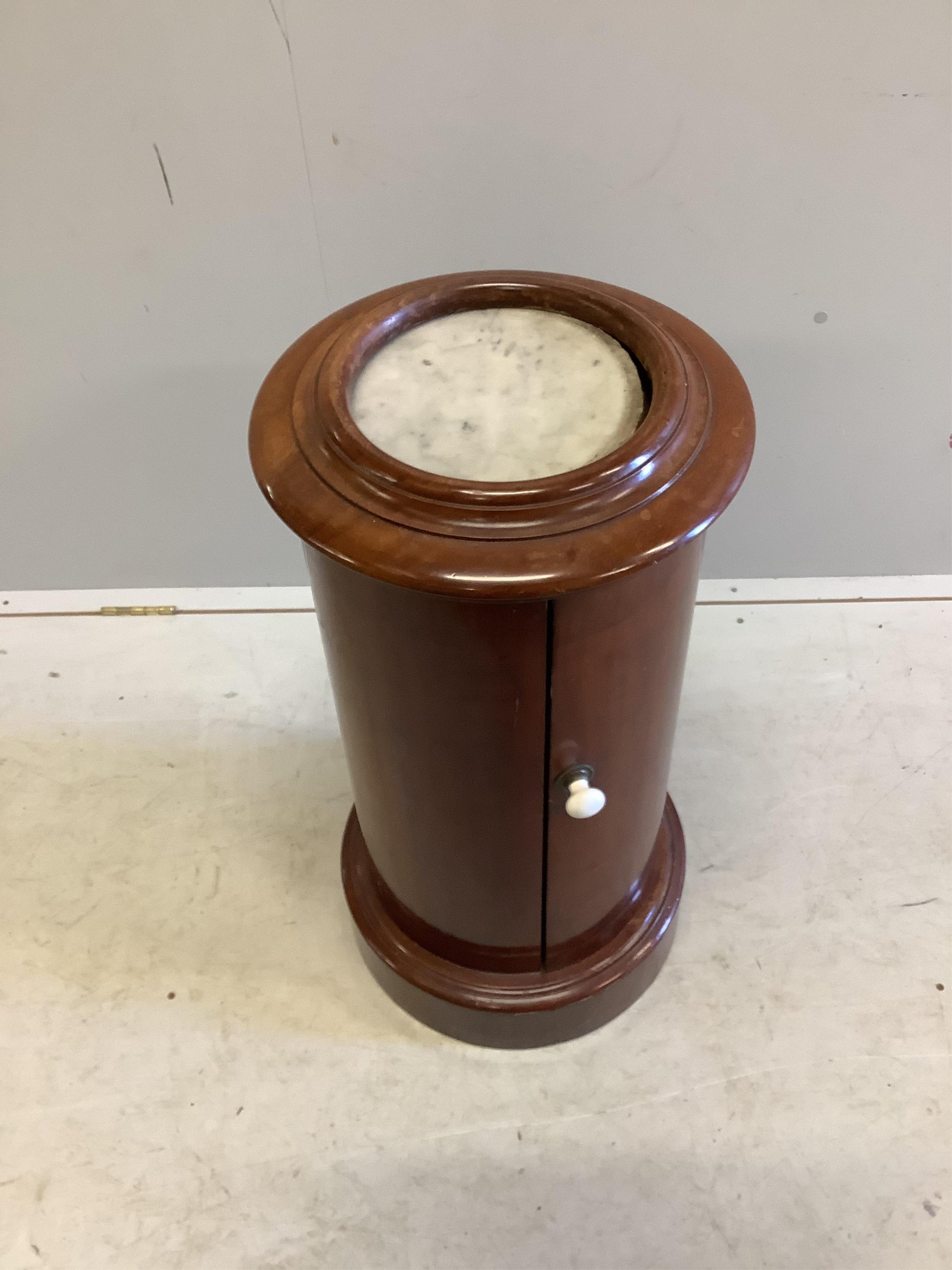 A Victorian mahogany cylindrical marble topped bedside cabinet, diameter 38cm, height 75cm. Condition - fair